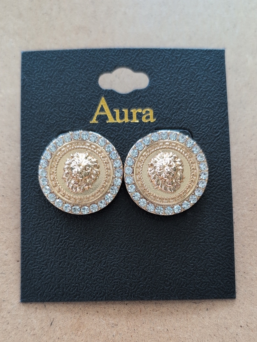 Aura Gold Lion Medallion Crystal Halo Stud Earrings - Gold